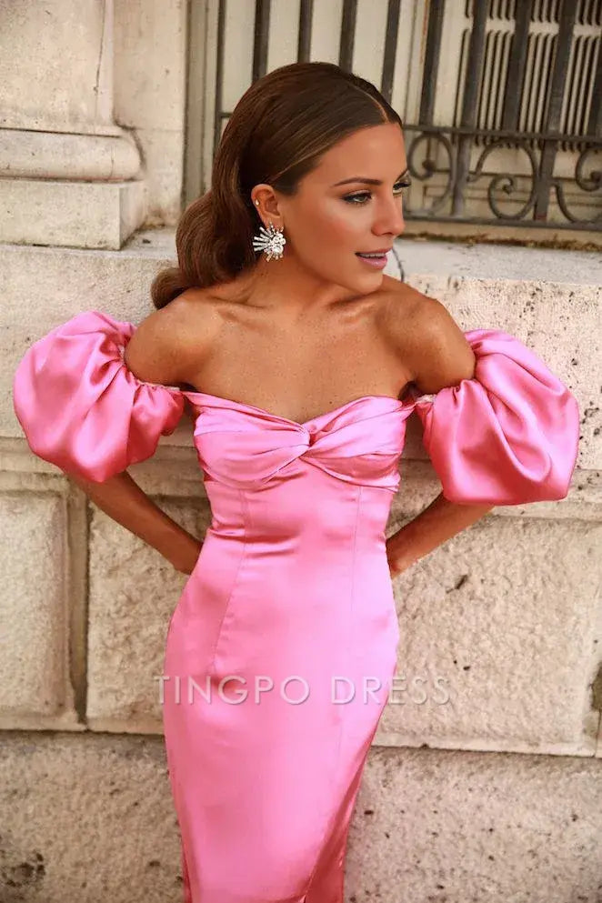 TingPo Wholesale Sexy A line Off The Shoulder Long Pink Prom Dress Party Dresses