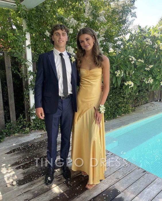 TingPo Wholesale Sexy A line Spaghetti Straps Yellow Party Dress Slit Prom Dress