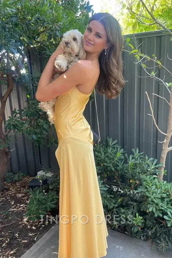 TingPo Wholesale Sexy A line Spaghetti Straps Yellow Party Dress Slit Prom Dress