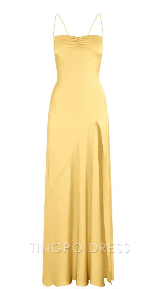 TingPo Wholesale Sexy A line Spaghetti Straps Yellow Party Dress Slit Prom Dress