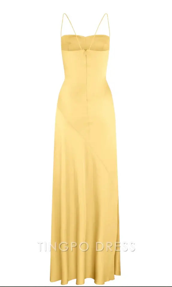 TingPo Wholesale Sexy A line Spaghetti Straps Yellow Party Dress Slit Prom Dress
