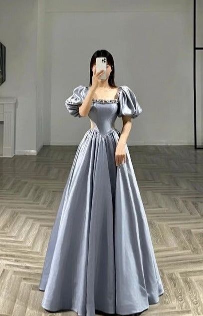 Wholesale Sexy A line Square Neckline Short Sleeves Silver Satin Prom Dresses Party Evening Dress formal wear dresses