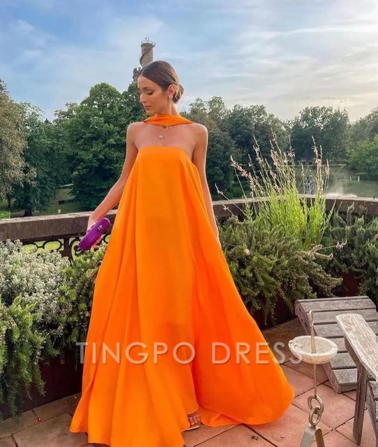 TingPo Wholesale Sexy A line Strapless Chiffon Organge Long Prom Dresses
