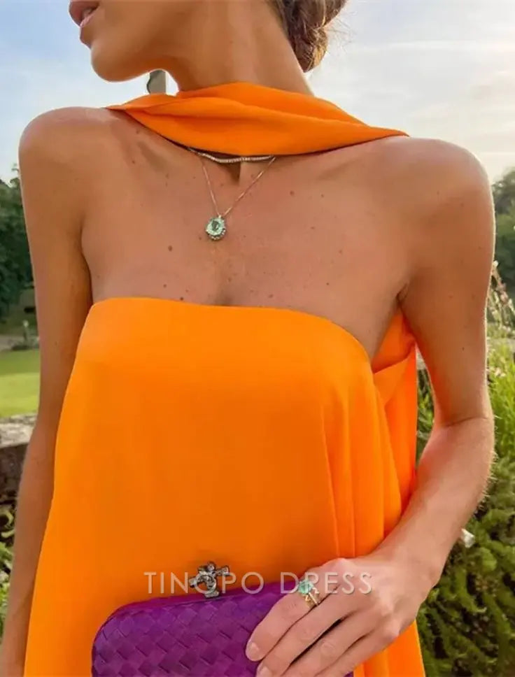 TingPo Wholesale Sexy A line Strapless Chiffon Organge Long Prom Dresses