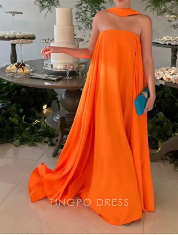 TingPo Wholesale Sexy A line Strapless Chiffon Organge Long Prom Dresses