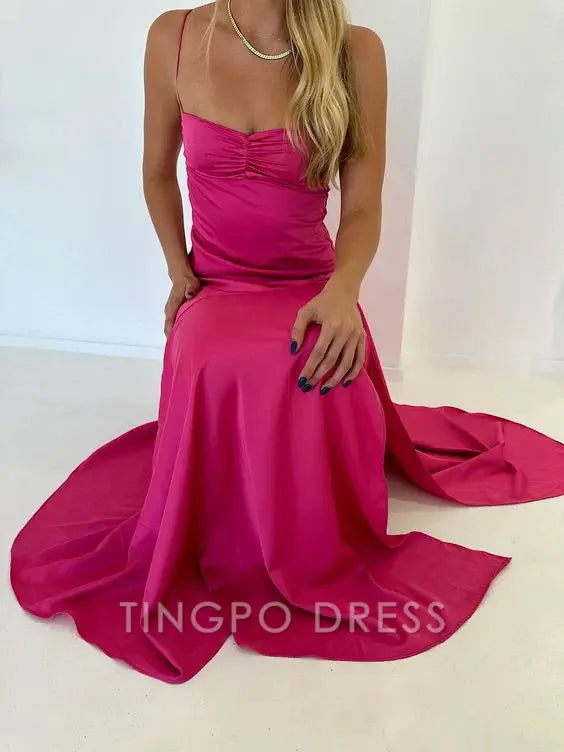 TingPo Wholesale Sexy A line Straps Sleeveless Party Dress Hot Pink Side Slit Prom Dress