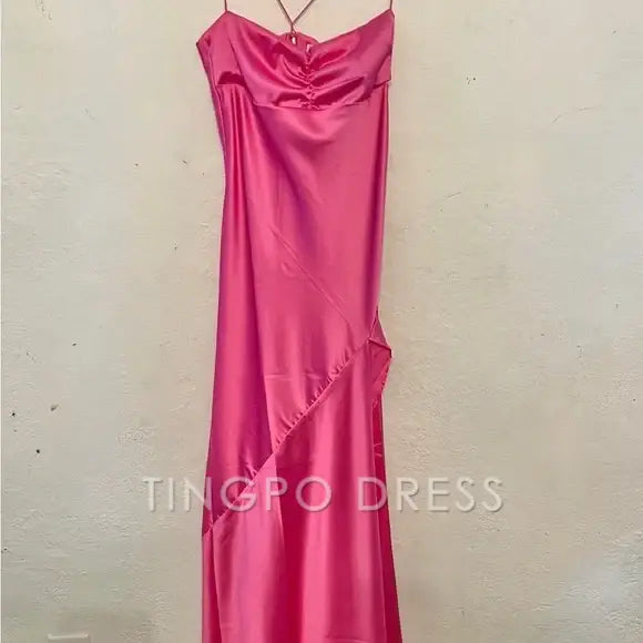 TingPo Wholesale Sexy A line Straps Sleeveless Party Dress Hot Pink Side Slit Prom Dress