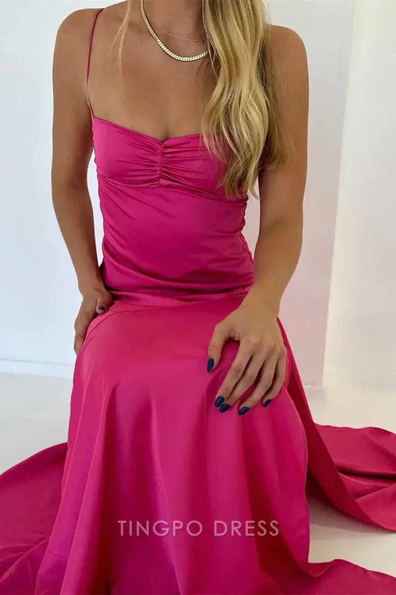 TingPo Wholesale Sexy A line Straps Sleeveless Party Dress Hot Pink Side Slit Prom Dress