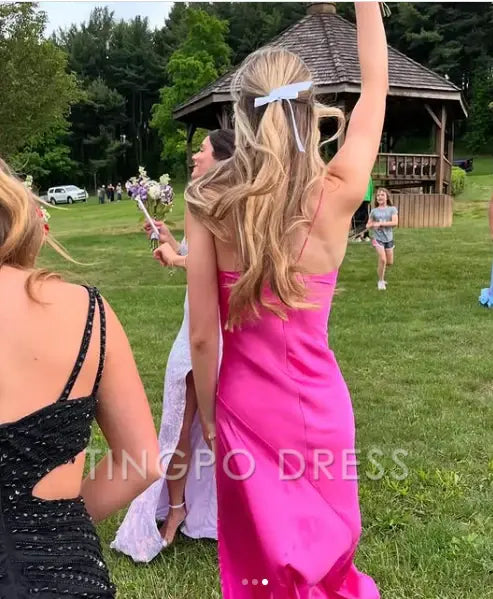 TingPo Wholesale Sexy A line Straps Sleeveless Party Dress Hot Pink Side Slit Prom Dress