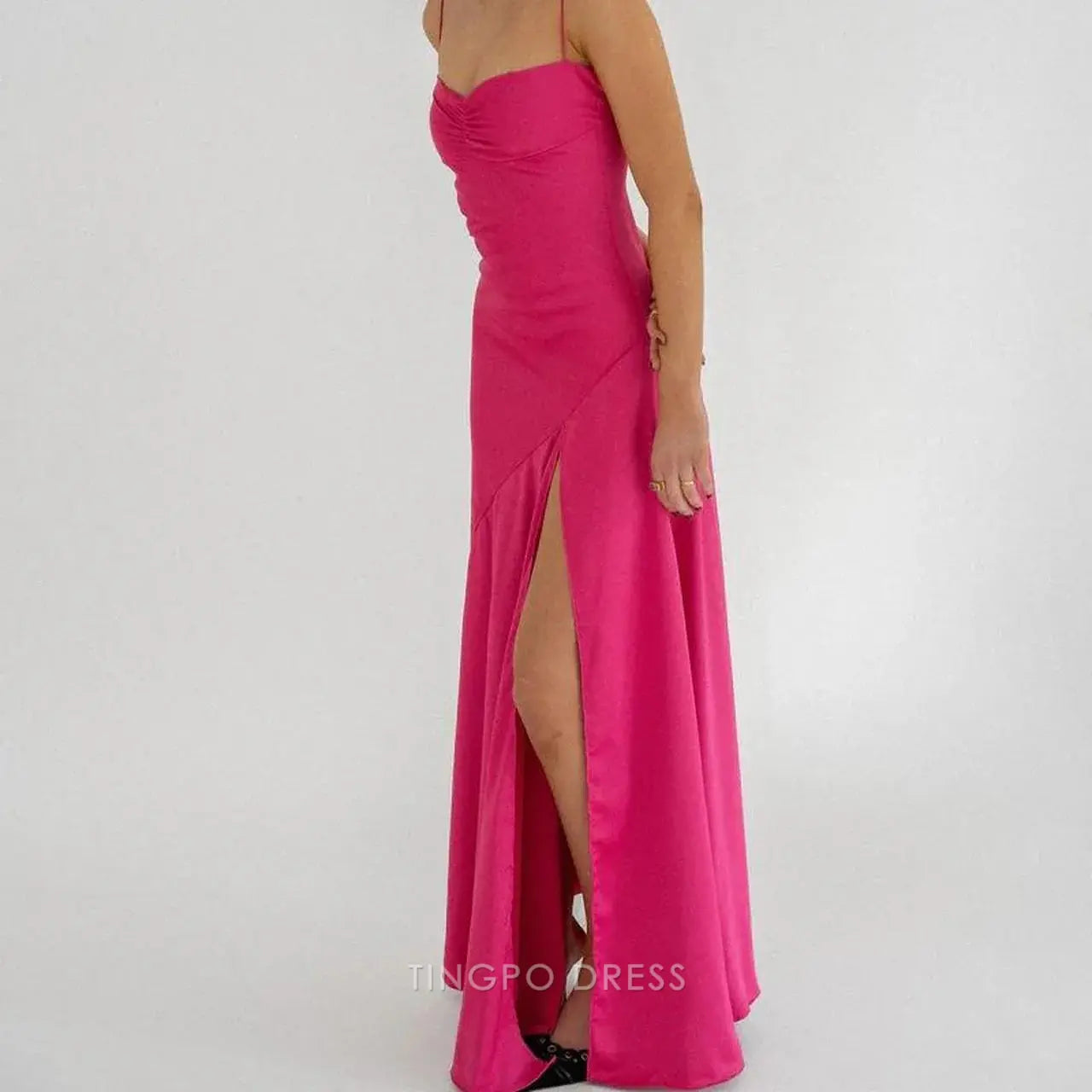 TingPo Wholesale Sexy A line Straps Sleeveless Party Dress Hot Pink Side Slit Prom Dress