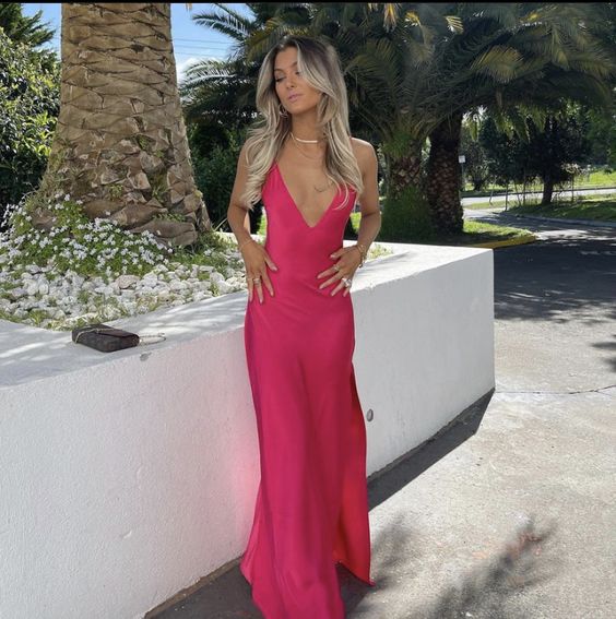 TingPo Wholesale Sexy A line V neckline Sleeveless Party Dress Hot Pink Prom Dress