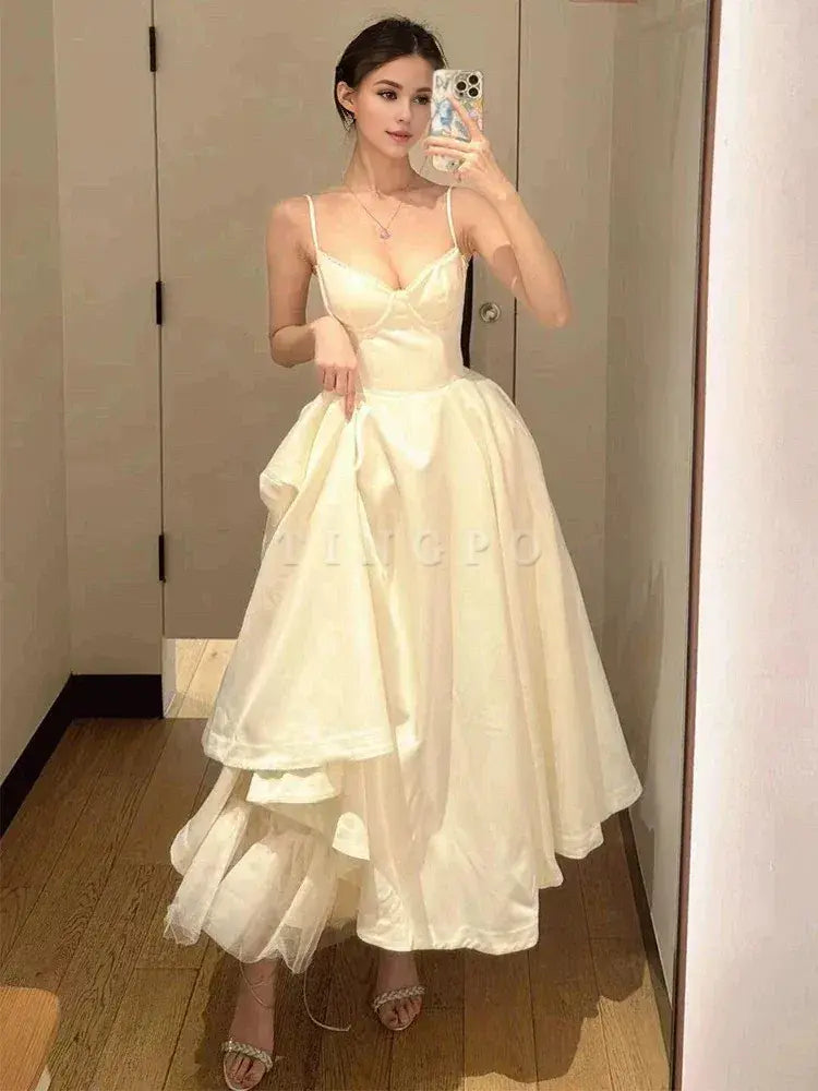 TingPo Wholesale Sexy Ball Gown Spaghetti Straps White Satin Ankle Length Prom Dresses Evening Gowns