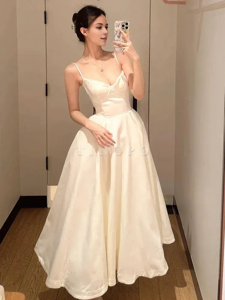 TingPo Wholesale Sexy Ball Gown Spaghetti Straps White Satin Ankle Length Prom Dresses Evening Gowns