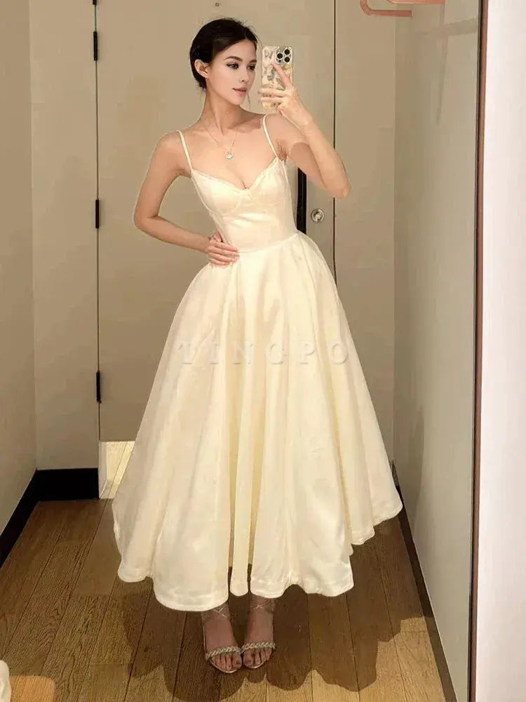 TingPo Wholesale Sexy Ball Gown Spaghetti Straps White Satin Ankle Length Prom Dresses Evening Gowns