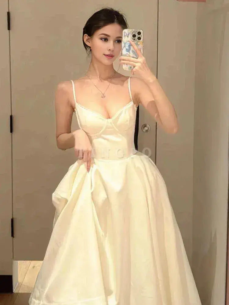 TingPo Wholesale Sexy Ball Gown Spaghetti Straps White Satin Ankle Length Prom Dresses Evening Gowns