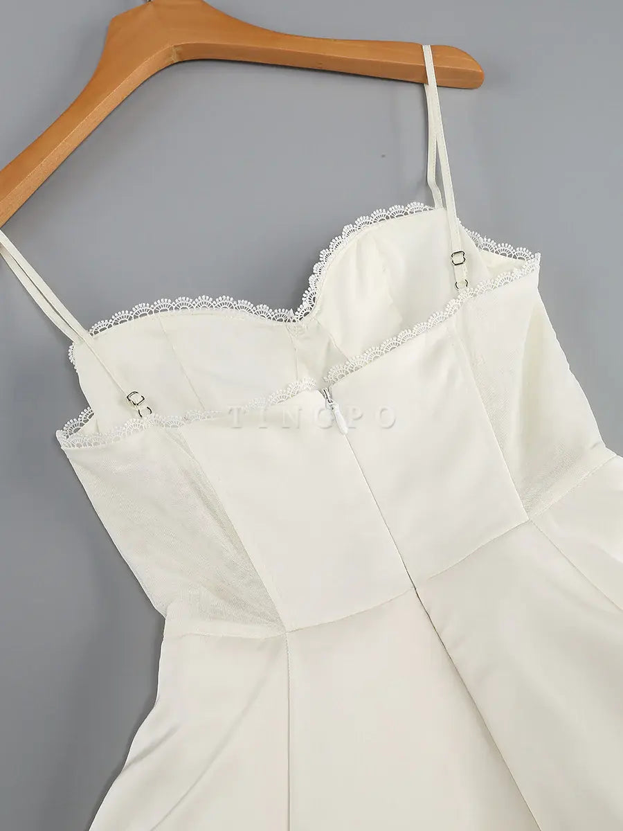 TingPo Wholesale Sexy Ball Gown Spaghetti Straps White Satin Ankle Length Prom Dresses Evening Gowns