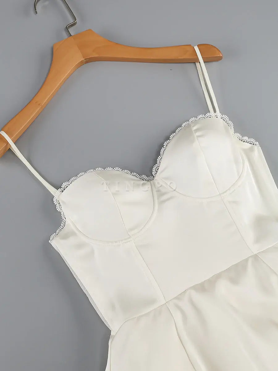 TingPo Wholesale Sexy Ball Gown Spaghetti Straps White Satin Ankle Length Prom Dresses Evening Gowns