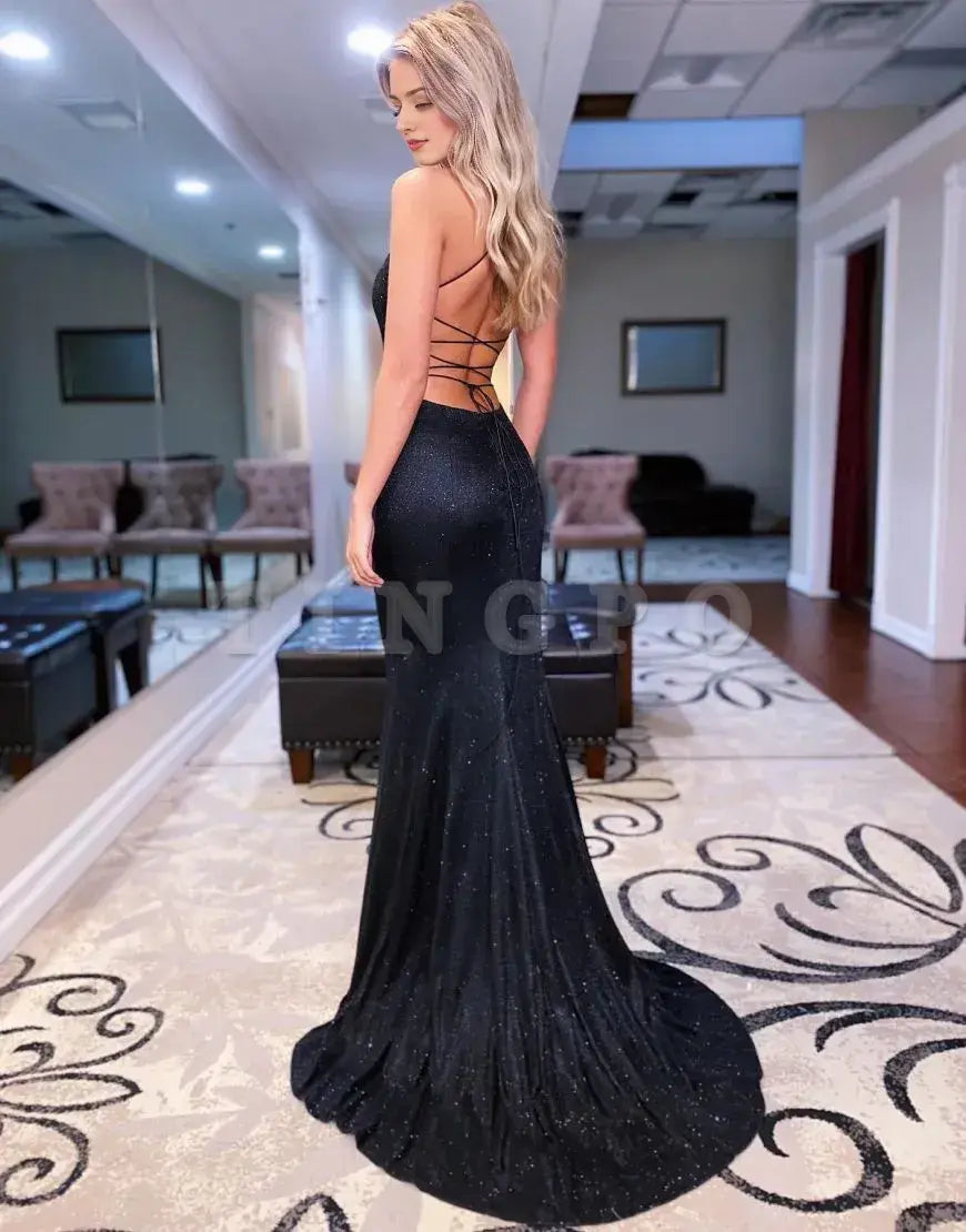 Wholesale Sexy Black Spaghetti Straps Long Sequin Prom Dress With Split prom dress in store