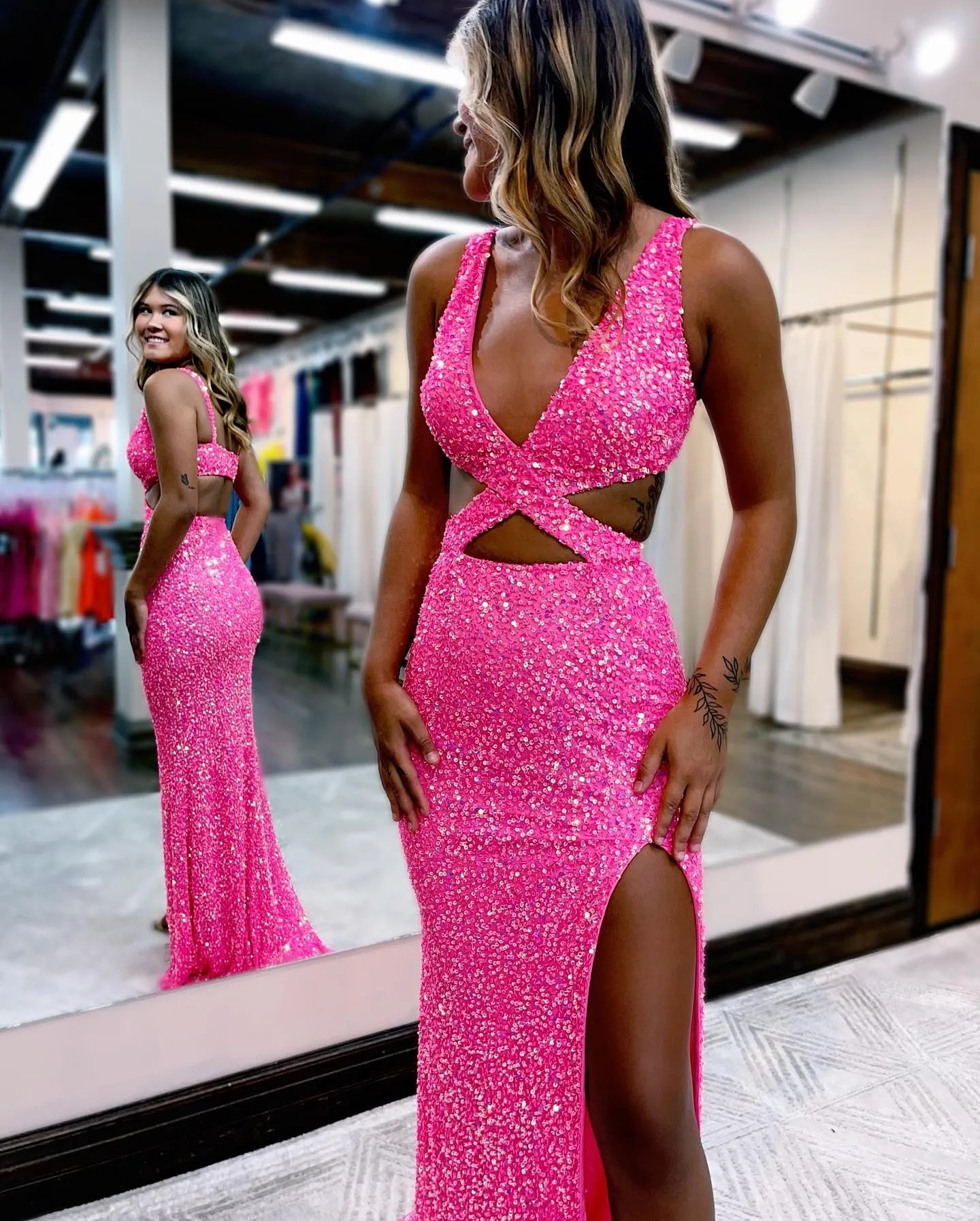 Wholesale Sexy Hot Pink Sequin Prom Dress With Front Split prom dresses with long sleeves