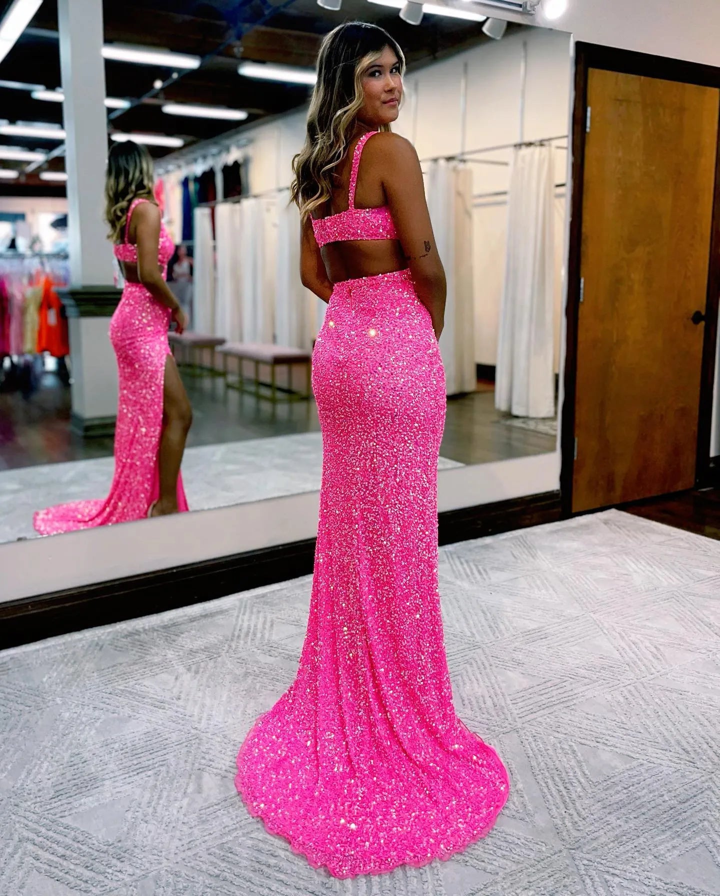 Wholesale Sexy Hot Pink Sequin Prom Dress With Front Split prom dresses with long sleeves