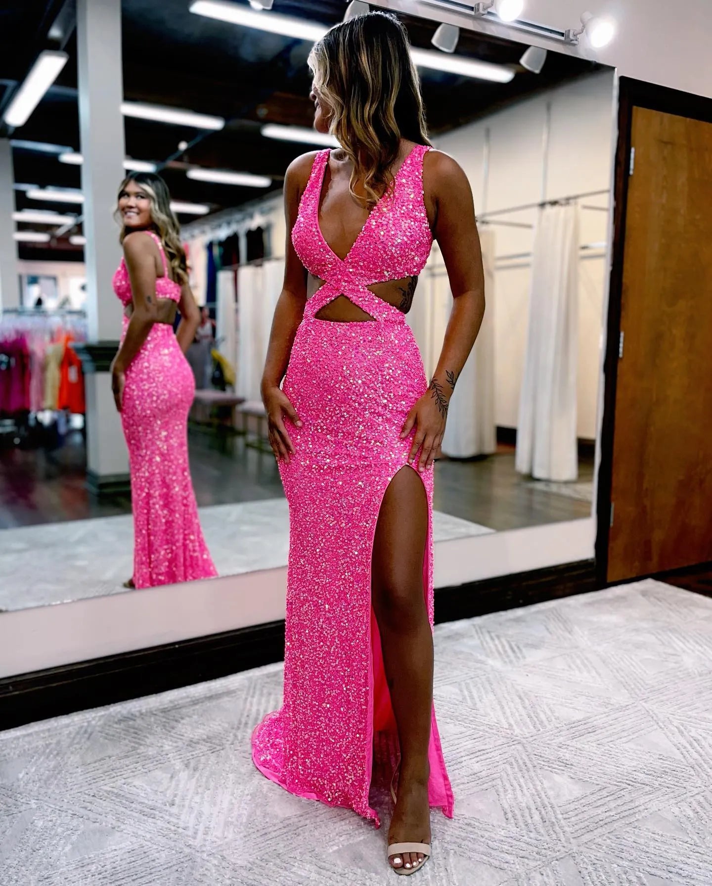 Wholesale Sexy Hot Pink Sequin Prom Dress With Front Split prom dresses with long sleeves