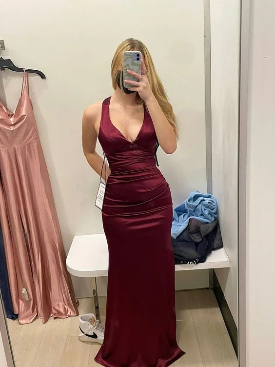 Wholesale Sexy Mermaid Burgundy Sleeveless Long Satin Prom Dress Evening Dresses gowns evening dresses