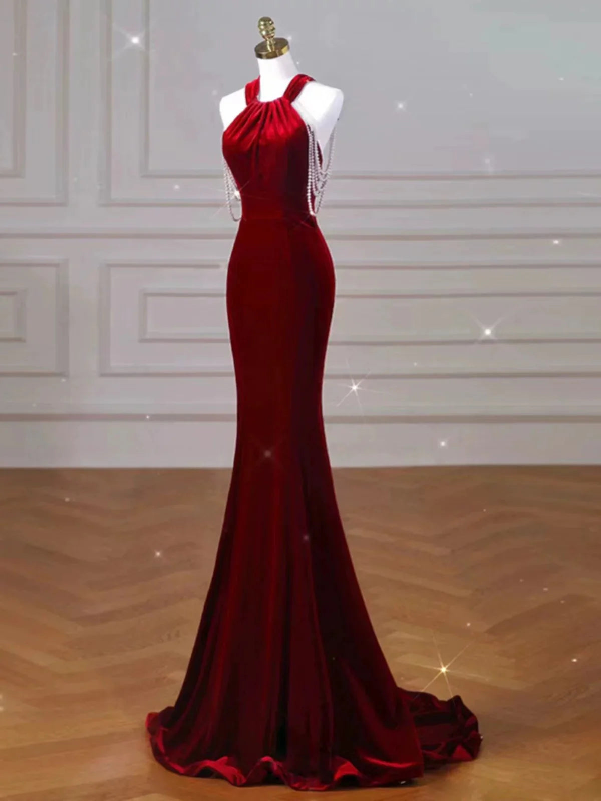 TingPo Wholesale Sexy Mermaid Halter Red Velvet Long Prom Dresses Evening Dress