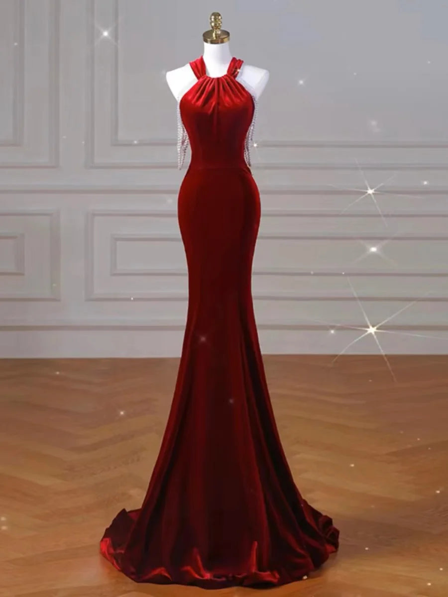 TingPo Wholesale Sexy Mermaid Halter Red Velvet Long Prom Dresses Evening Dress