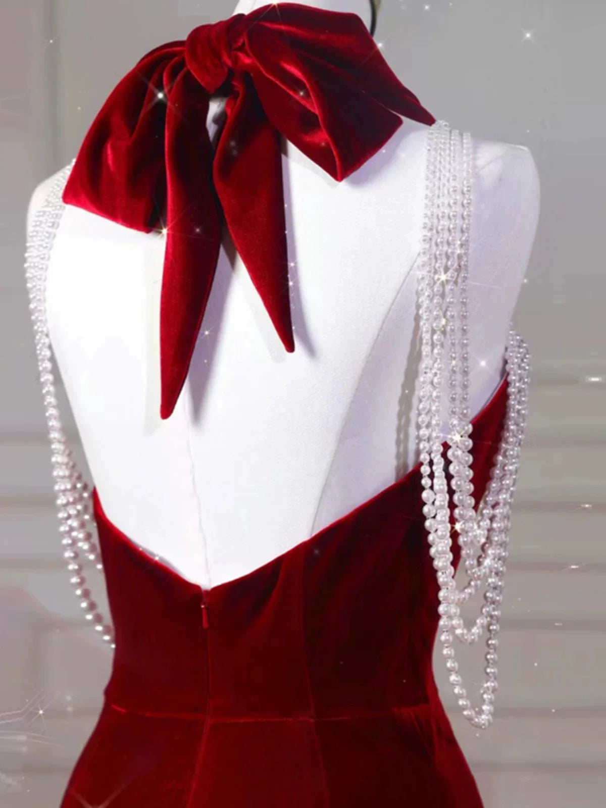 TingPo Wholesale Sexy Mermaid Halter Red Velvet Long Prom Dresses Evening Dress