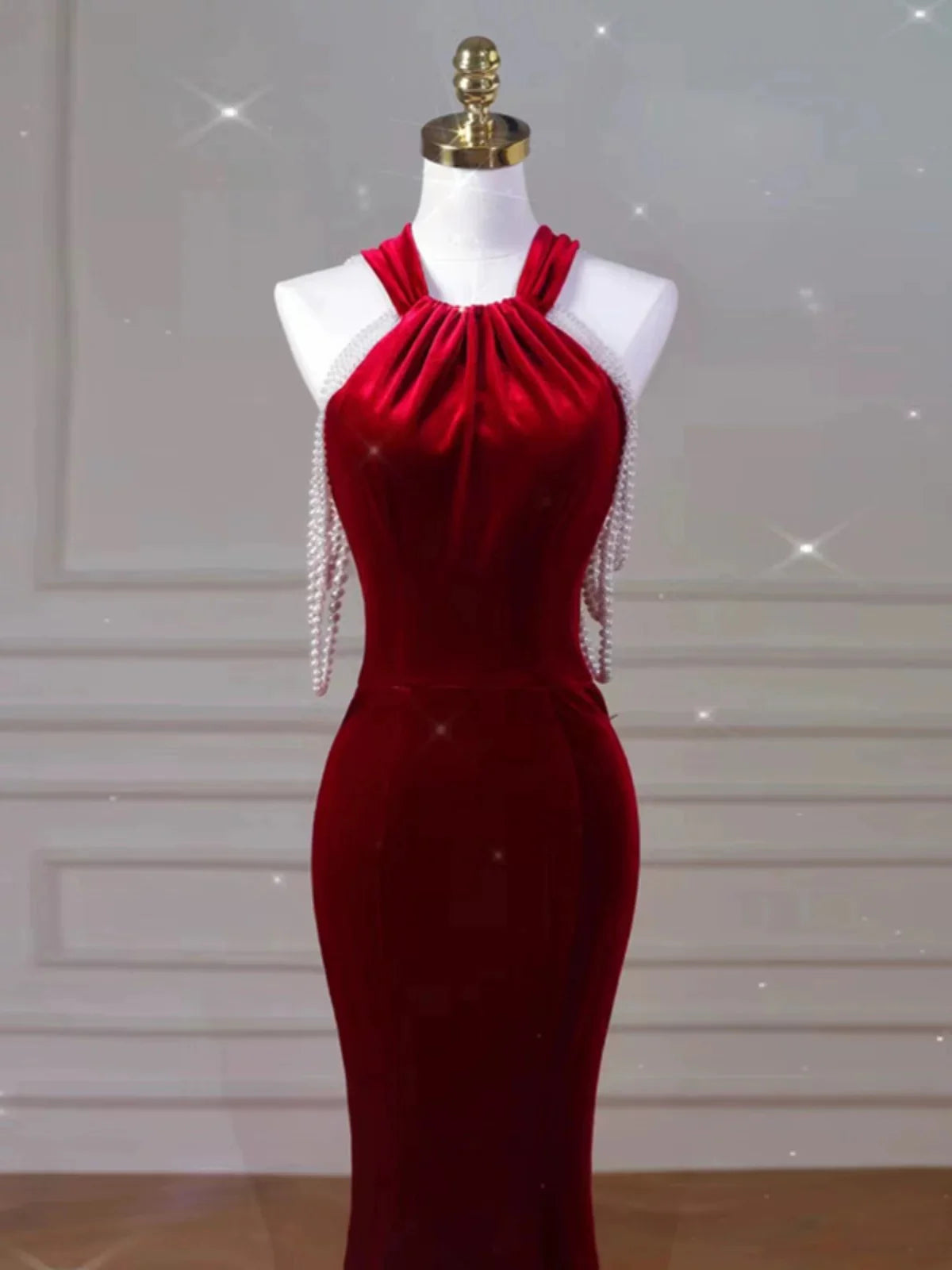 TingPo Wholesale Sexy Mermaid Halter Red Velvet Long Prom Dresses Evening Dress