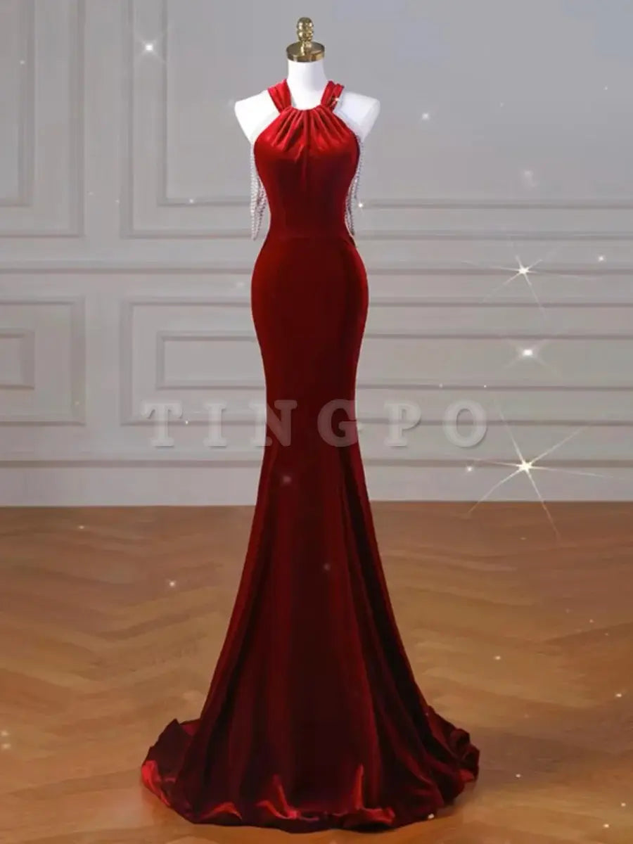 Wholesale Sexy Mermaid Halter Red Velvet Long Prom Dresses Evening Dress formal wear dresses