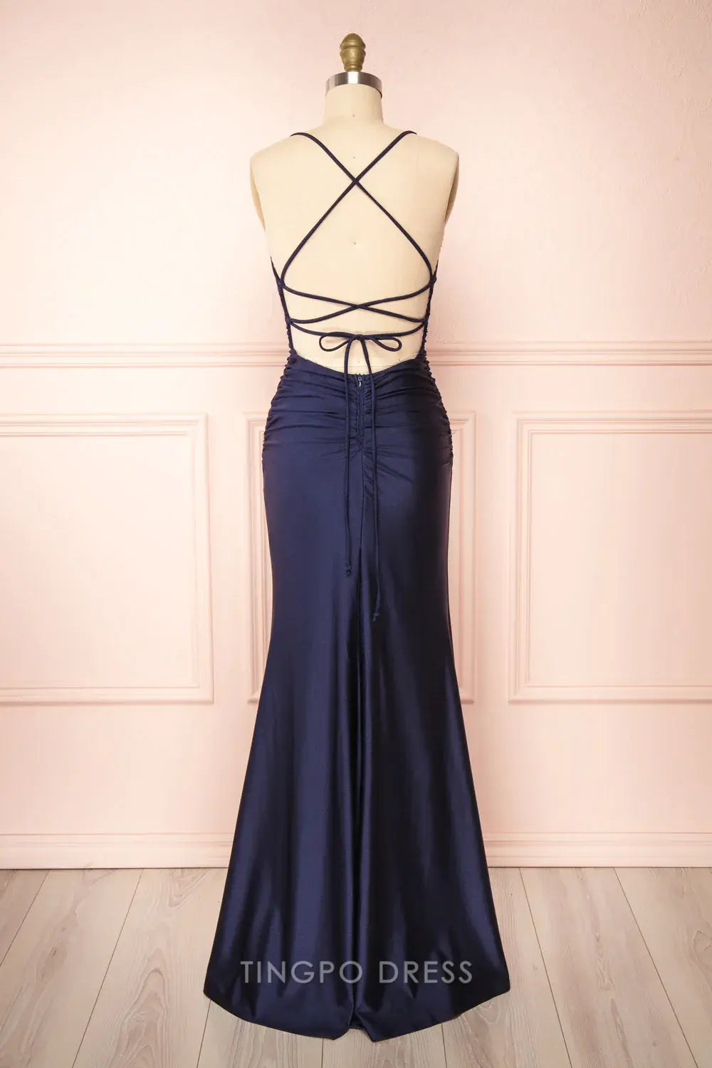 TingPo Wholesale Sexy Mermaid Halter Sleeveless Navy Blue Long Prom Dresses