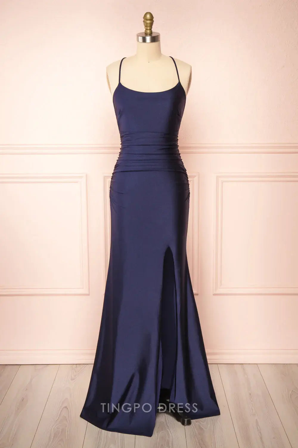 TingPo Wholesale Sexy Mermaid Halter Sleeveless Navy Blue Long Prom Dresses