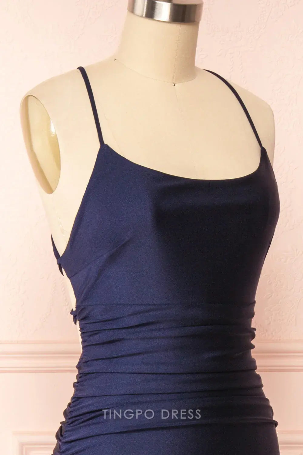 TingPo Wholesale Sexy Mermaid Halter Sleeveless Navy Blue Long Prom Dresses