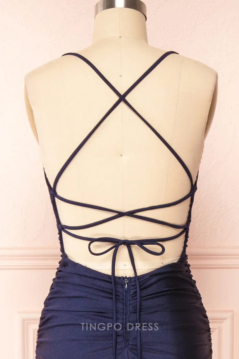 TingPo Wholesale Sexy Mermaid Halter Sleeveless Navy Blue Long Prom Dresses