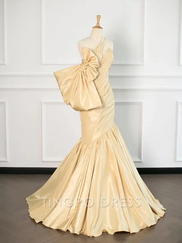 TingPo Wholesale Elegant Sexy Mermaid One Shoulder Yellow Satin Long Prom Dresses Party Evening Dress With Bow