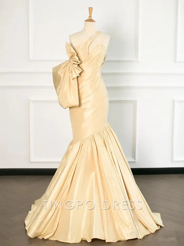 TingPo Wholesale Elegant Sexy Mermaid One Shoulder Yellow Satin Long Prom Dresses Party Evening Dress With Bow