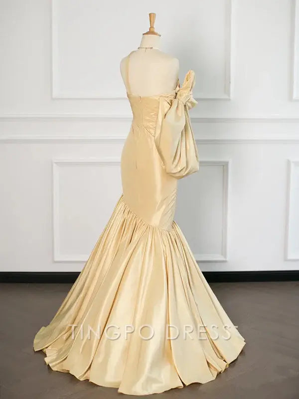 TingPo Wholesale Elegant Sexy Mermaid One Shoulder Yellow Satin Long Prom Dresses Party Evening Dress With Bow
