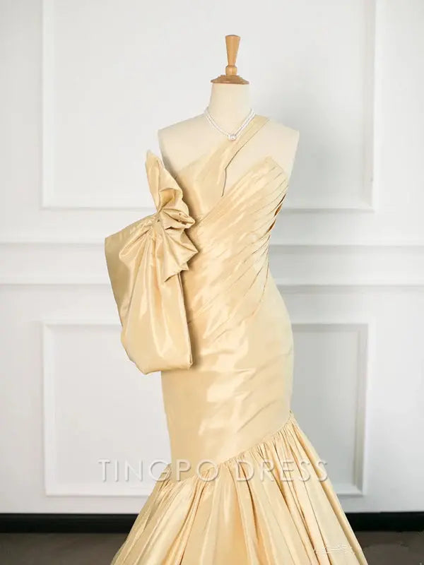TingPo Wholesale Elegant Sexy Mermaid One Shoulder Yellow Satin Long Prom Dresses Party Evening Dress With Bow