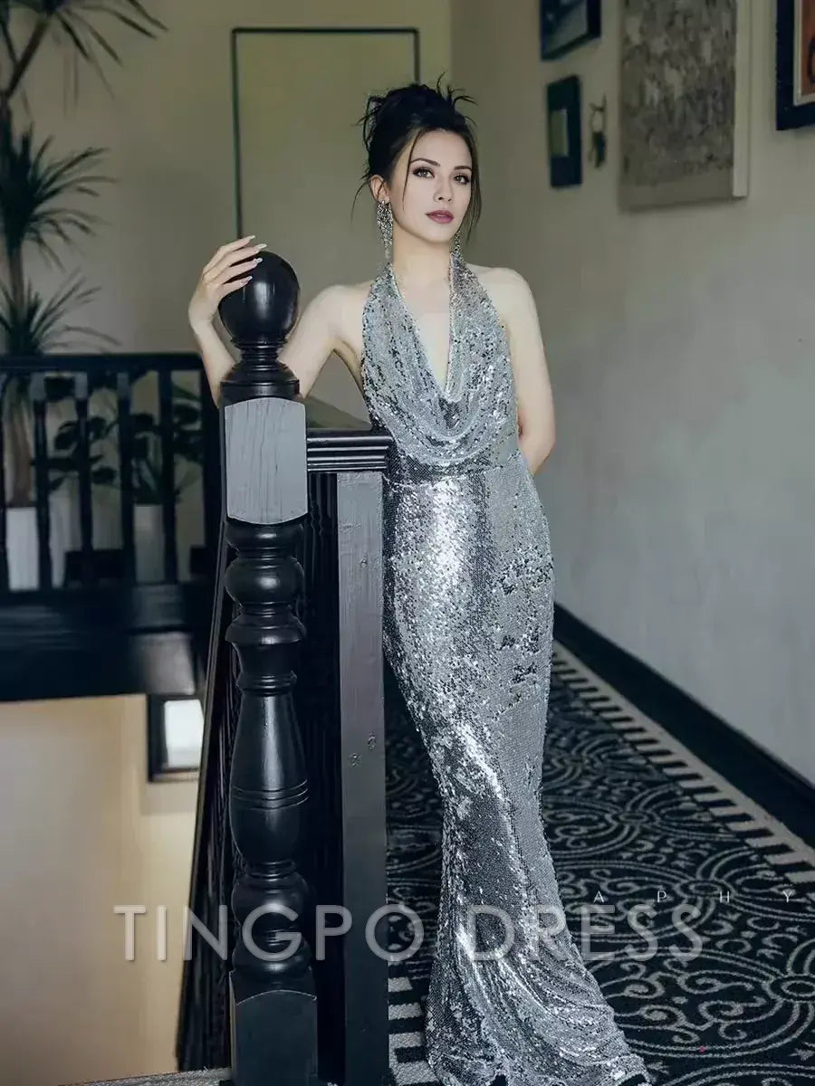 TingPo Wholesale Sexy Mermaid Silver Sequin Prom Dresses Evening Dress