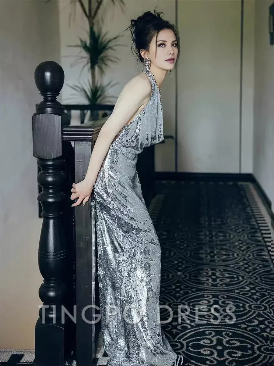 TingPo Wholesale Sexy Mermaid Silver Sequin Prom Dresses Evening Dress