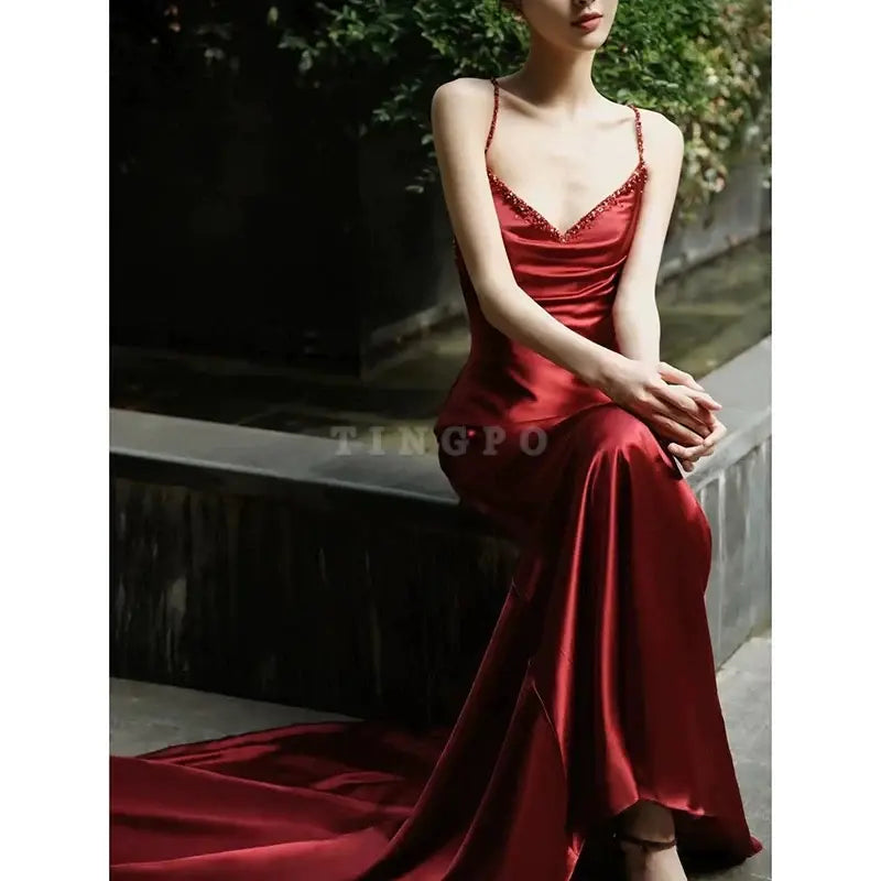 TingPo Wholesale Sexy Mermaid Spaghetti Straps Burgundy Satin Prom Dresses Evening Dress With Beads formal wear dresses ﻿