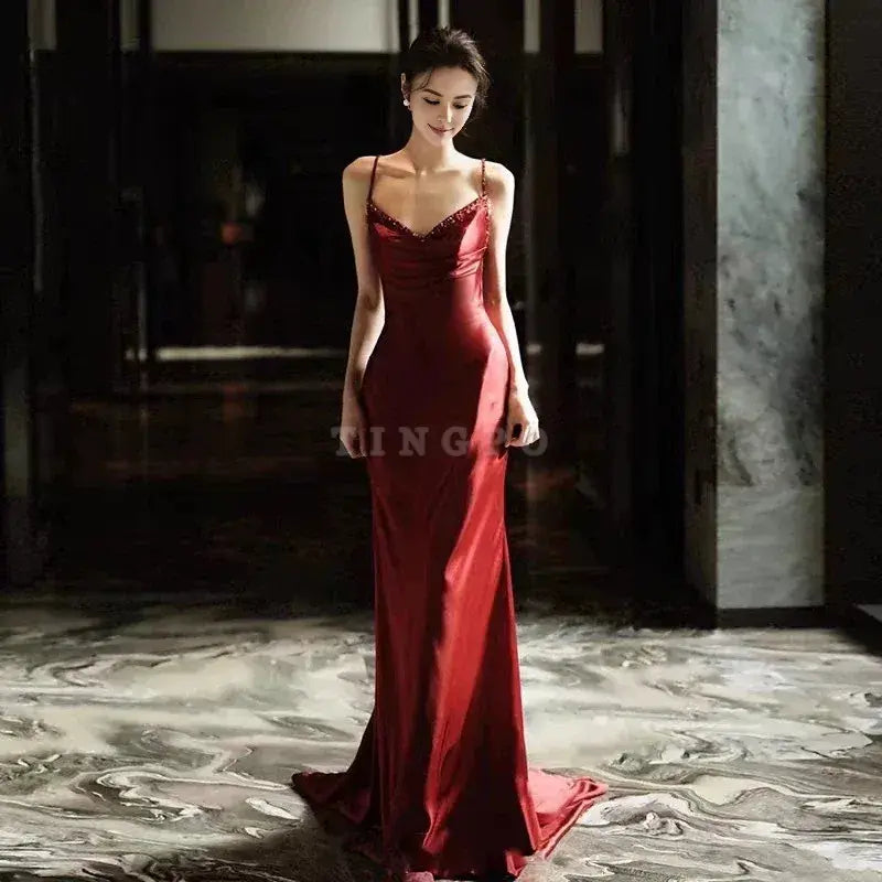TingPo Wholesale Sexy Mermaid Spaghetti Straps Burgundy Satin Prom Dresses Evening Dress With Beads formal wear dresses ﻿