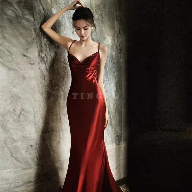TingPo Wholesale Sexy Mermaid Spaghetti Straps Burgundy Satin Prom Dresses Evening Dress With Beads formal wear dresses ﻿
