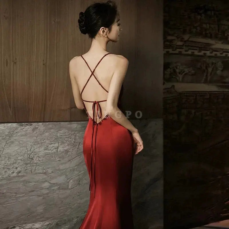 TingPo Wholesale Sexy Mermaid Spaghetti Straps Burgundy Satin Prom Dresses Evening Dress With Beads formal wear dresses ﻿