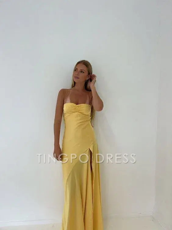 TingPo Wholesale Sexy Mermaid Spaghetti Straps Sleeveless Party Dress Yellow Prom Dress