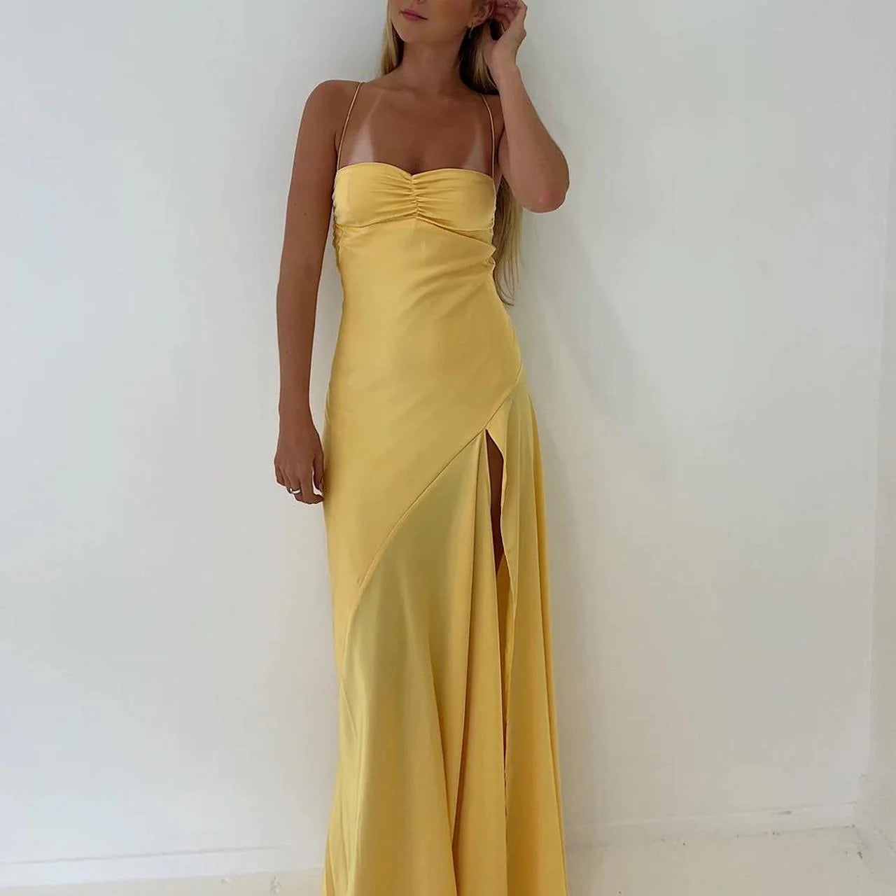 TingPo Wholesale Sexy Mermaid Spaghetti Straps Sleeveless Party Dress Yellow Prom Dresses