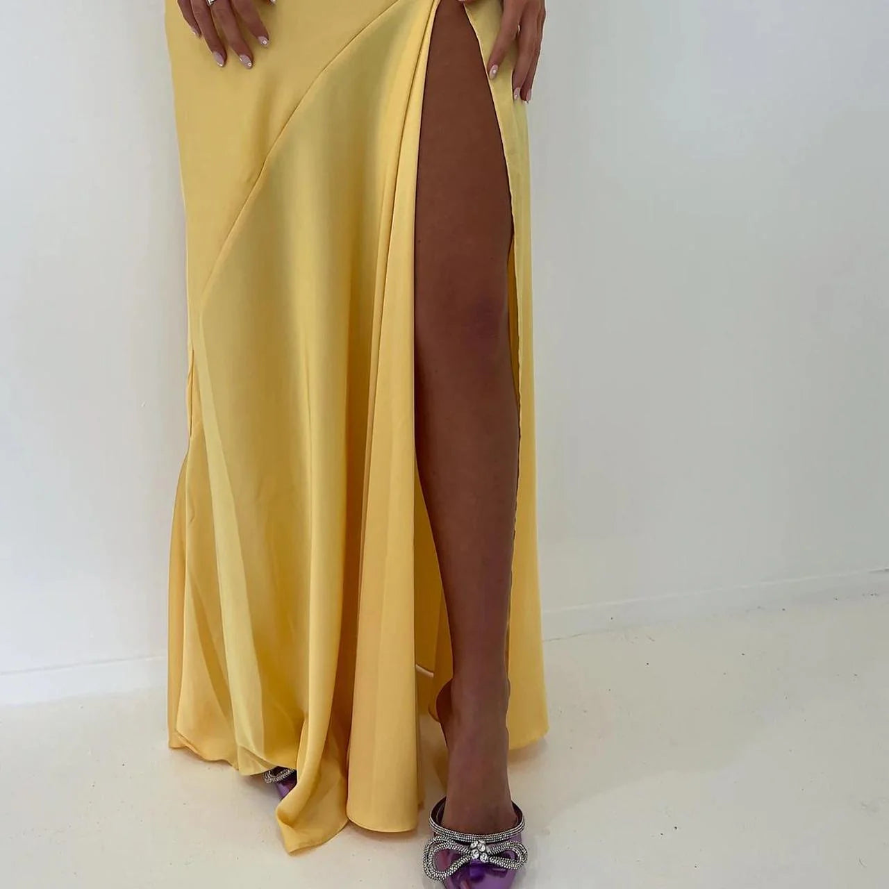 TingPo Wholesale Sexy Mermaid Spaghetti Straps Sleeveless Party Dress Yellow Prom Dresses