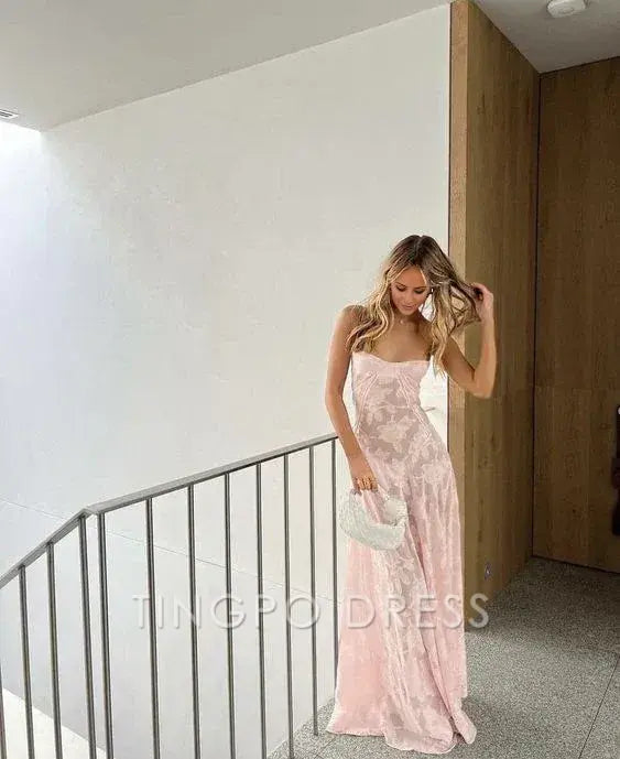 TingPo Wholesale Sexy Mermaid Spaghetti Straps Sleeveless Pink Lace Prom Dress