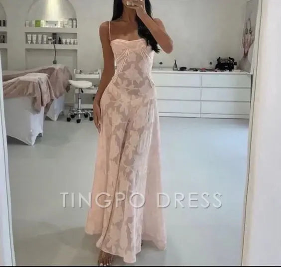 TingPo Wholesale Sexy Mermaid Spaghetti Straps Sleeveless Pink Lace Prom Dress